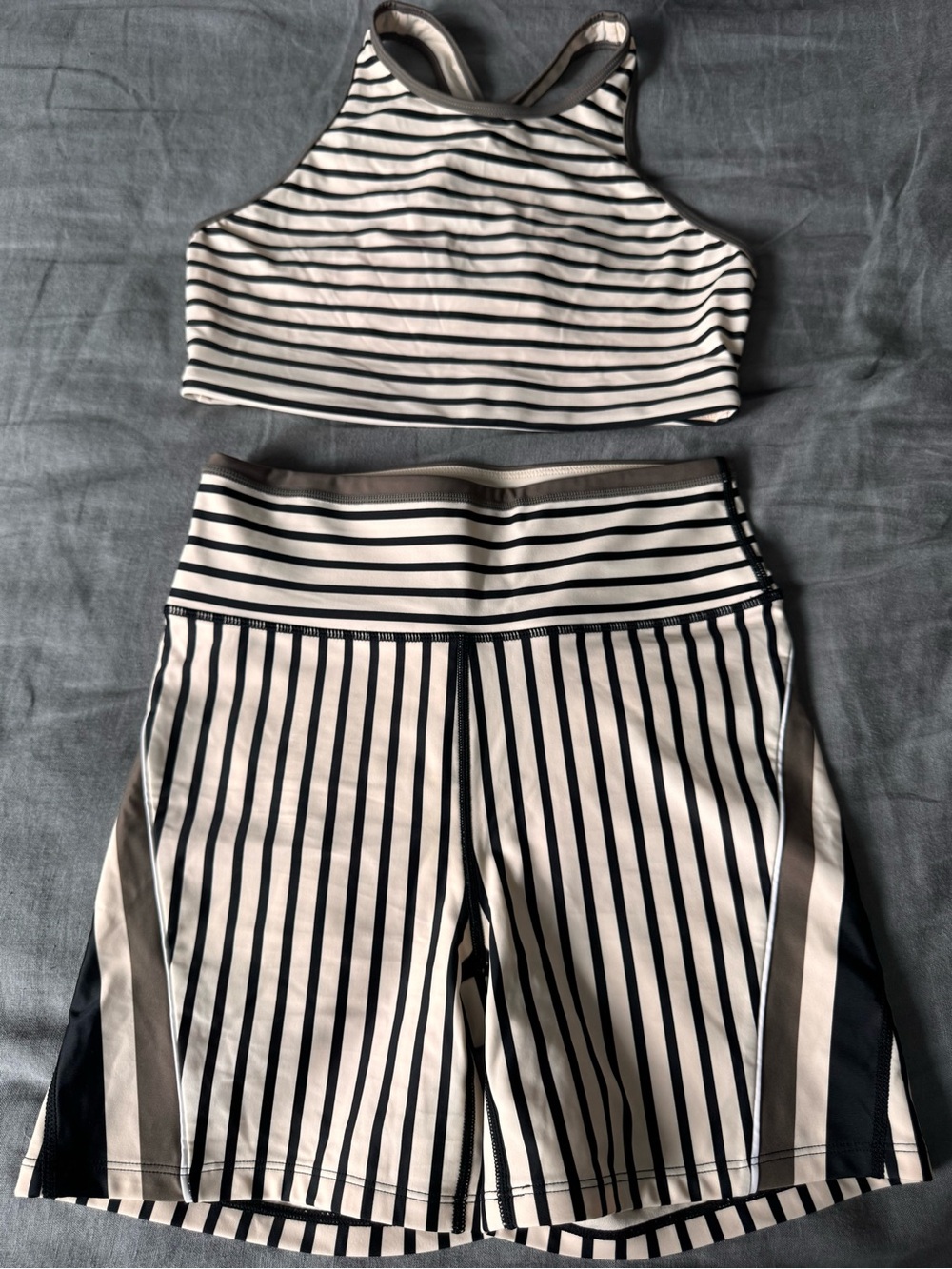 PE Nation | Striped High-Neck Sports Bra & Matching Shorts Set - Black and White